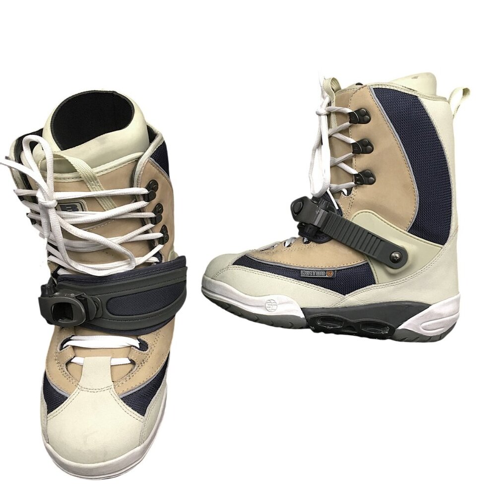 EXCELLENT BURTON RULER SI STEP IN SNOWBOARD BOOTS!  SIZE 8.5  TAN BEIGE & BLUE